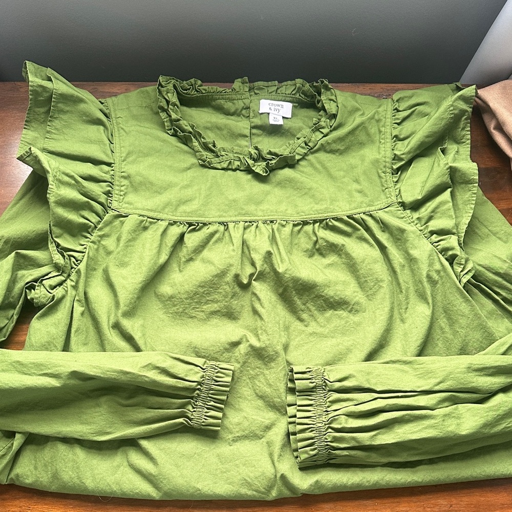 Crown and Ivy Green Ruffle Yoke Long Sleeve Blouse